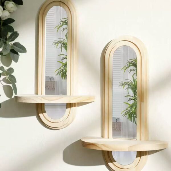 Pine Wood & Acrylic Mirror Wall Shelf