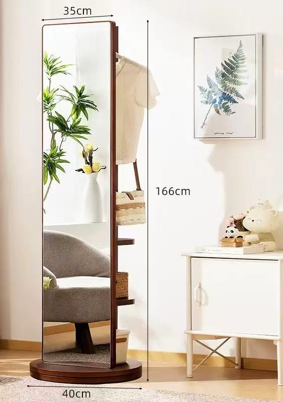 Rotatable Pine Wooden Mirror & Storage Rack (2-in-1)