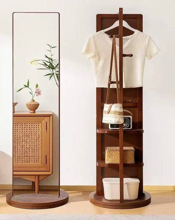 Rotatable Pine Wooden Mirror & Storage Rack (2-in-1)
