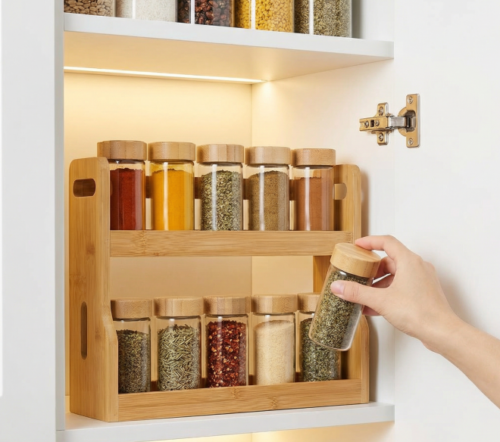 Cabinet storage scenarios Bamboo Double-layer Spice Jar Storage Set