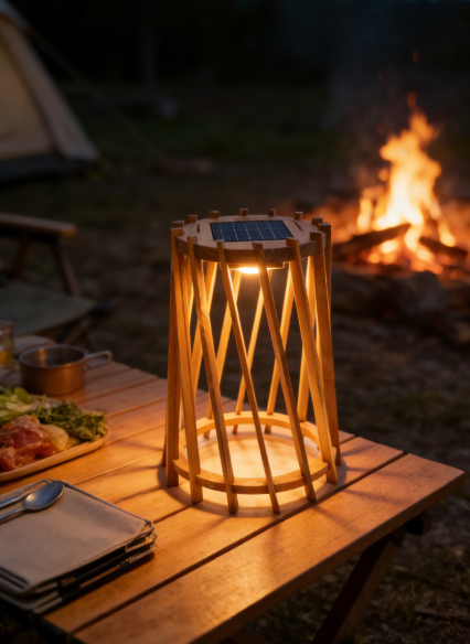 Solar-Powered Rechargeable Wooden Lamp