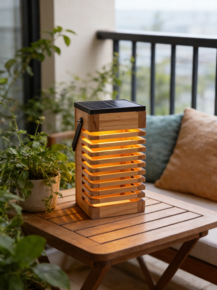 Solar-Powered Rechargeable Wooden Lamp