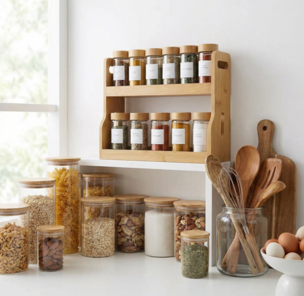 Bamboo Double-layer Spice Jar Storage Set